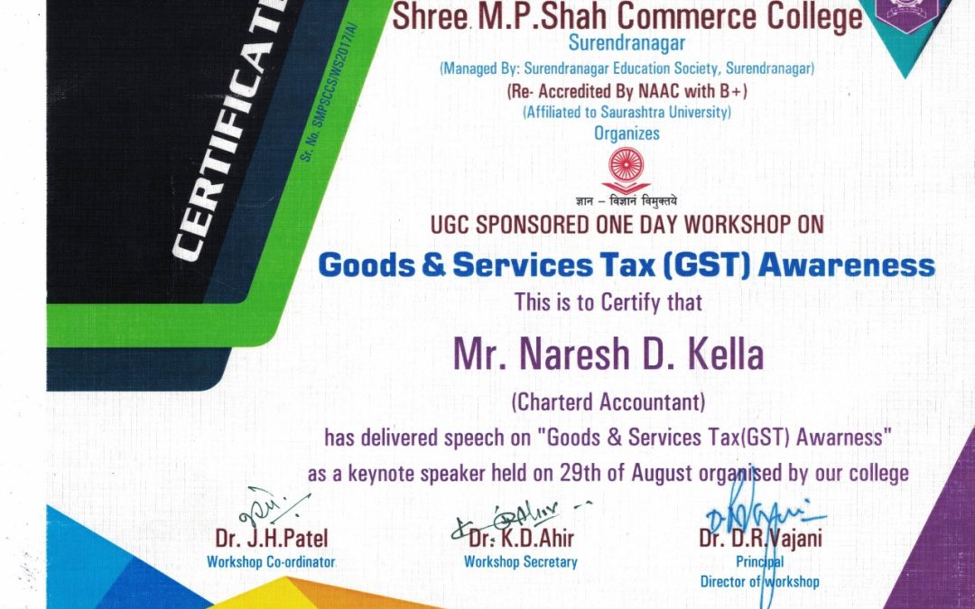 Certificate for Awareness of Goods & Services Tax (GST).
