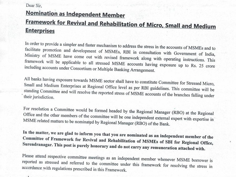 Nomination as Independent Member Framework for Revival and Rehabilitation of Micro, Small and Medium Enterprises by SBI.